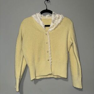 Vintage Yellow Lace Hood and Trim Cardigan Pearl Button Knit Sweater Coquette L
